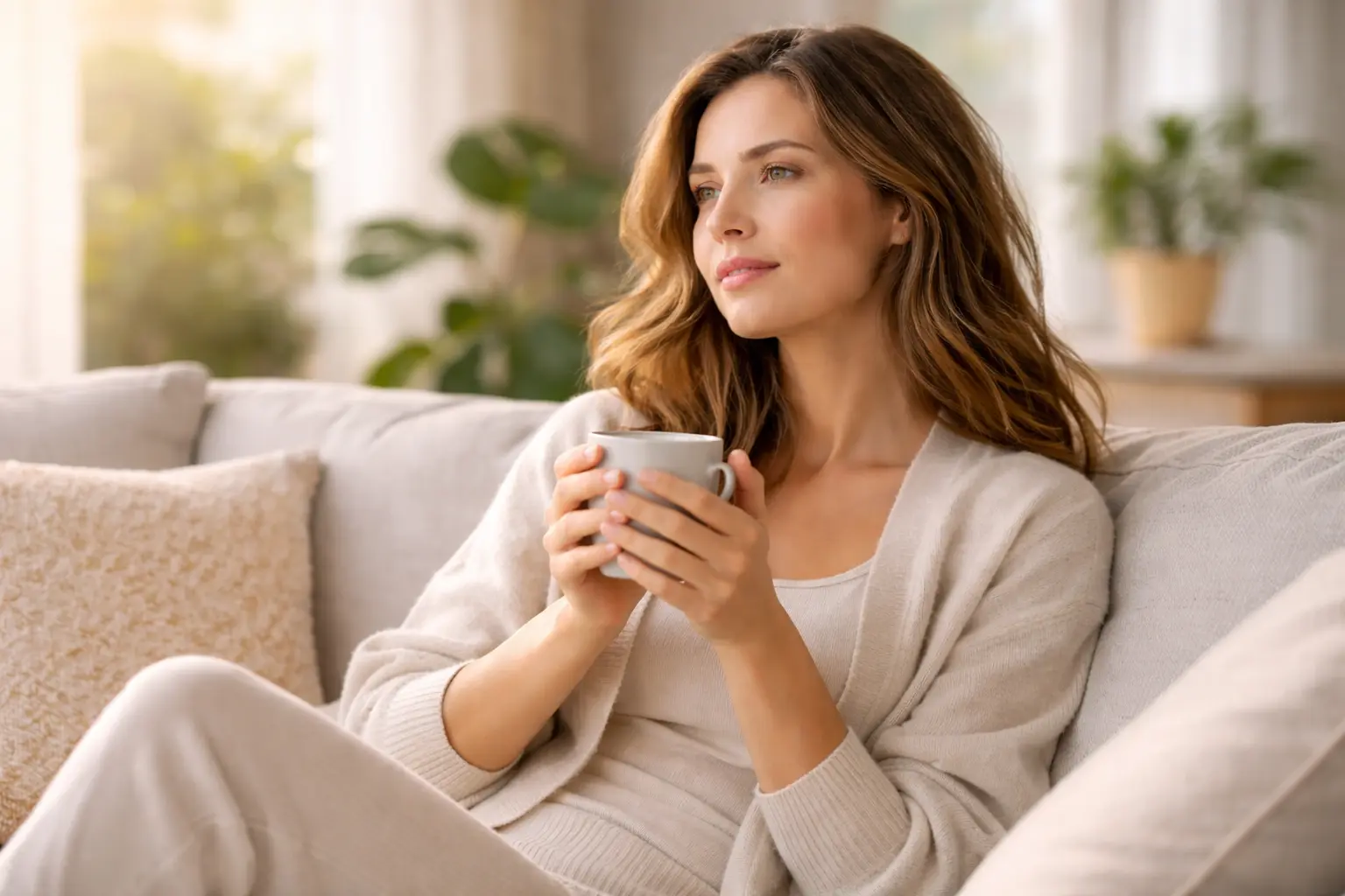 woman in her 30s sitting comfortably on a modern sofa in a bright, airy living room