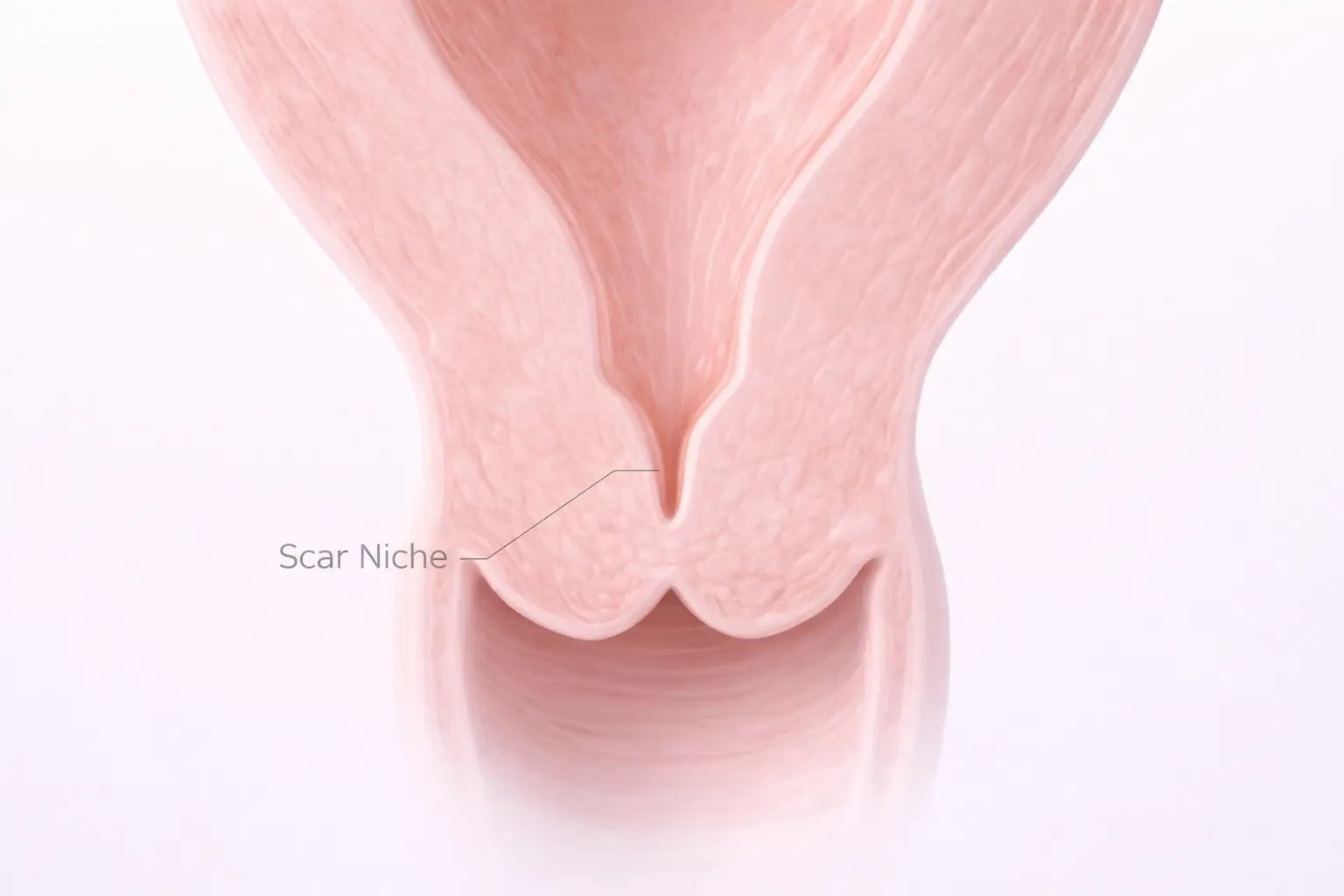 3D medical illustration showing a cross-section of the uterus with a C-section scar defect (isthmocele) or niche