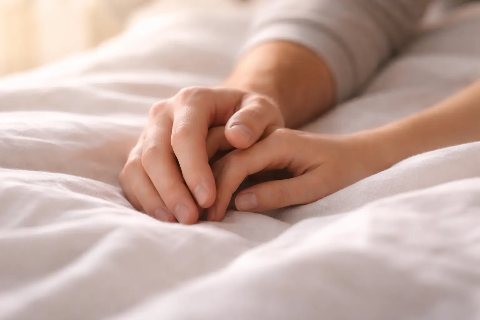 Close-up of a couple’s hands gently holding each other on a bed, representing emotional support and intimacy issues