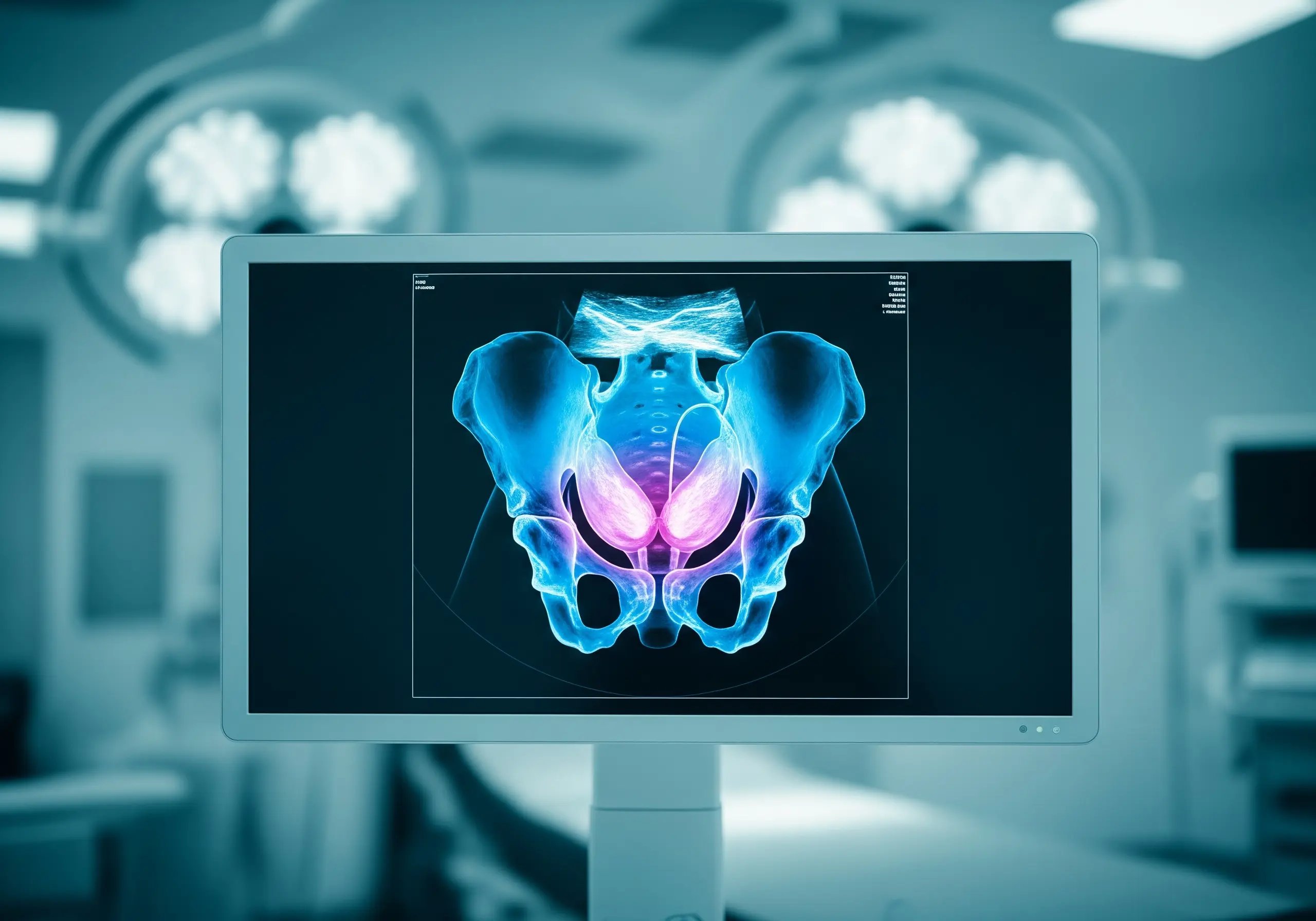 A professional high-definition medical monitor displaying a clear internal view of the pelvic cavity during a diagnostic laparoscopy