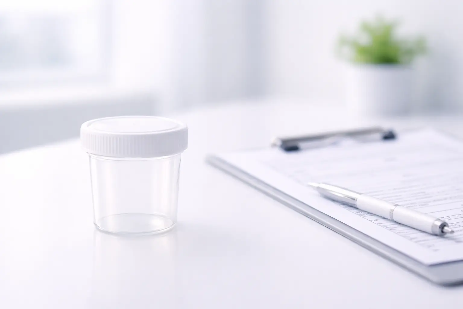 A sterile medical specimen container and biopsy forms in a clean, private clinic setting