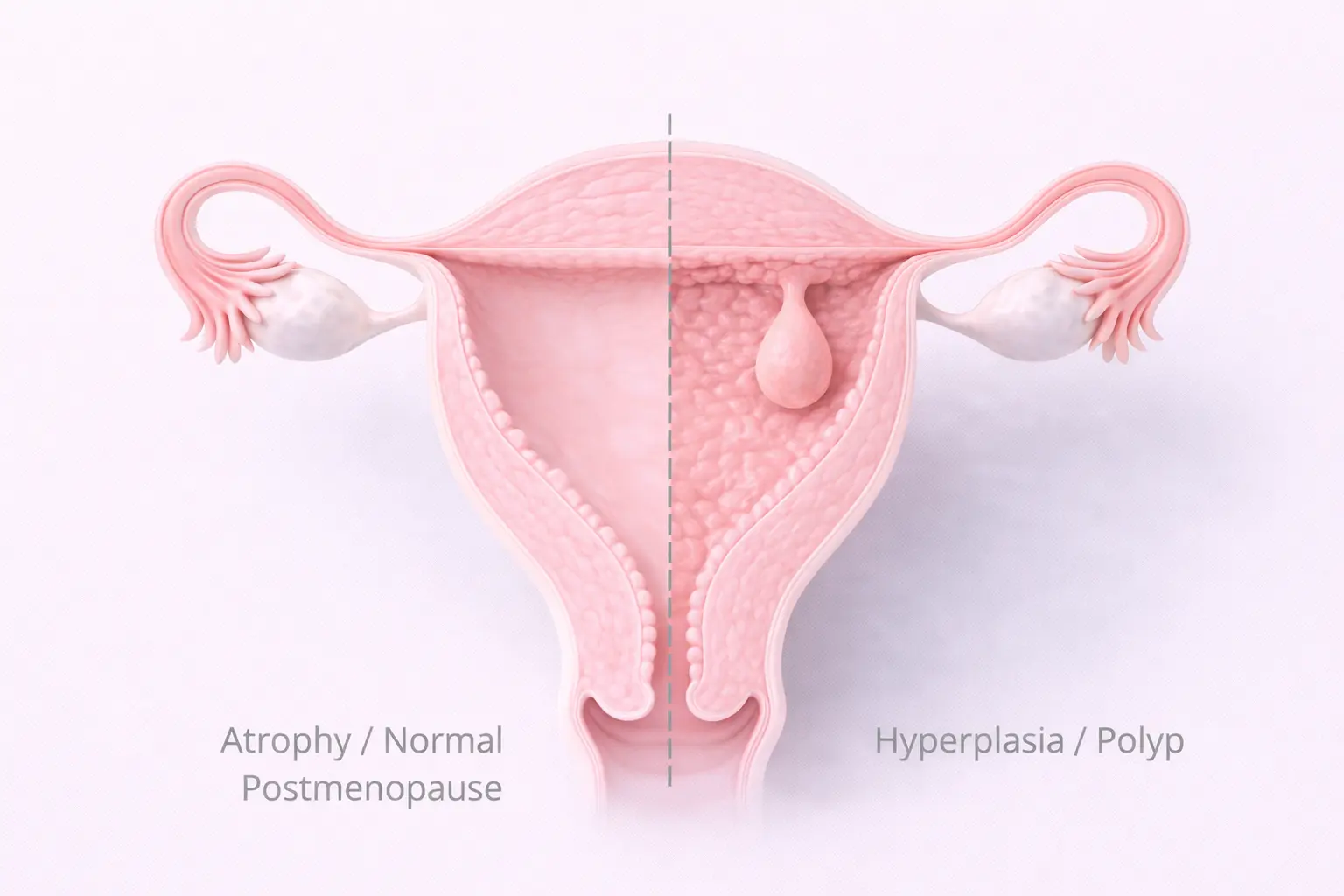 3D medical illustration comparing a healthy thin postmenopausal uterine lining with a thickened lining (hyperplasia)