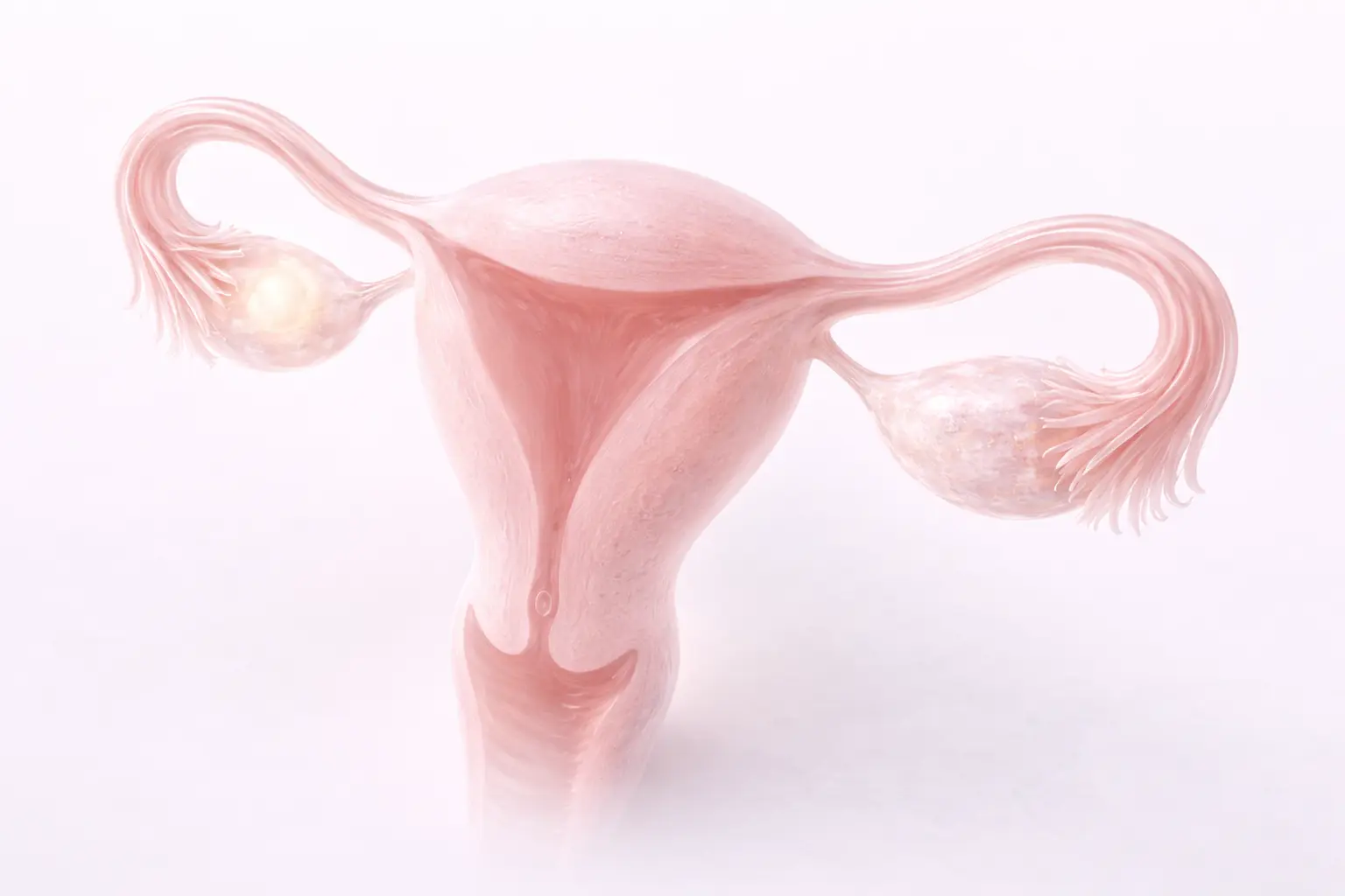 3D medical illustration of the female reproductive system highlighting open fallopian tubes and the path of ovulation