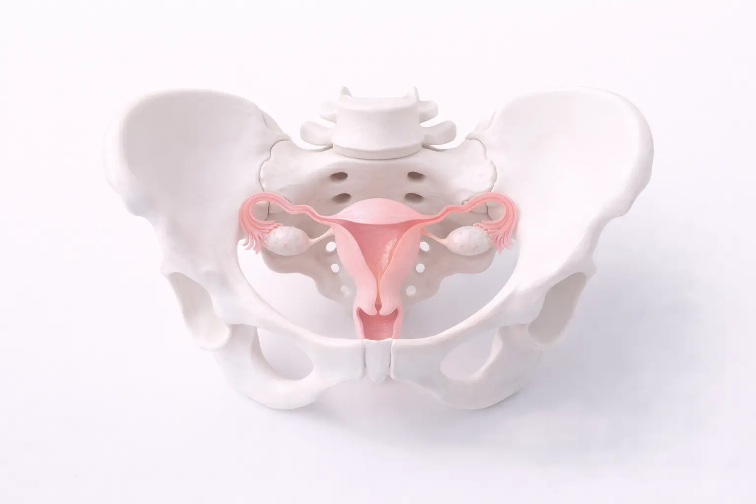 Minimalist 3D medical illustration of the female pelvic bone structure and reproductive organs