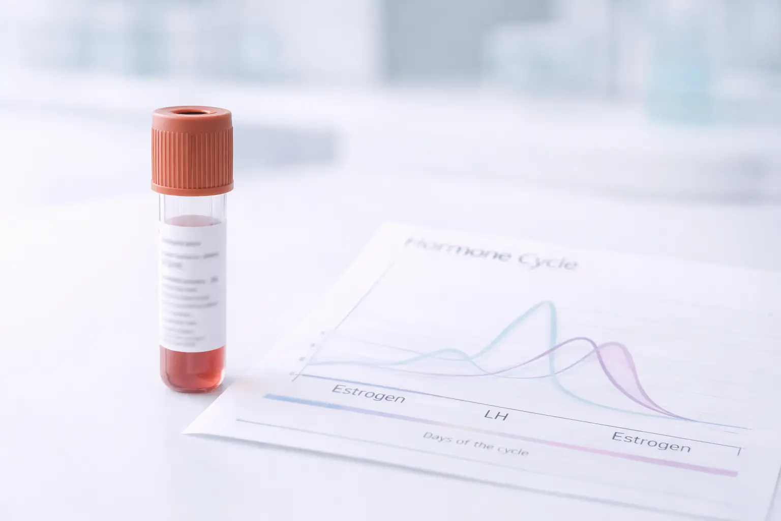 A sterile medical blood collection tube in a rack, representing AMH ovarian reserve testing and hormone profiling