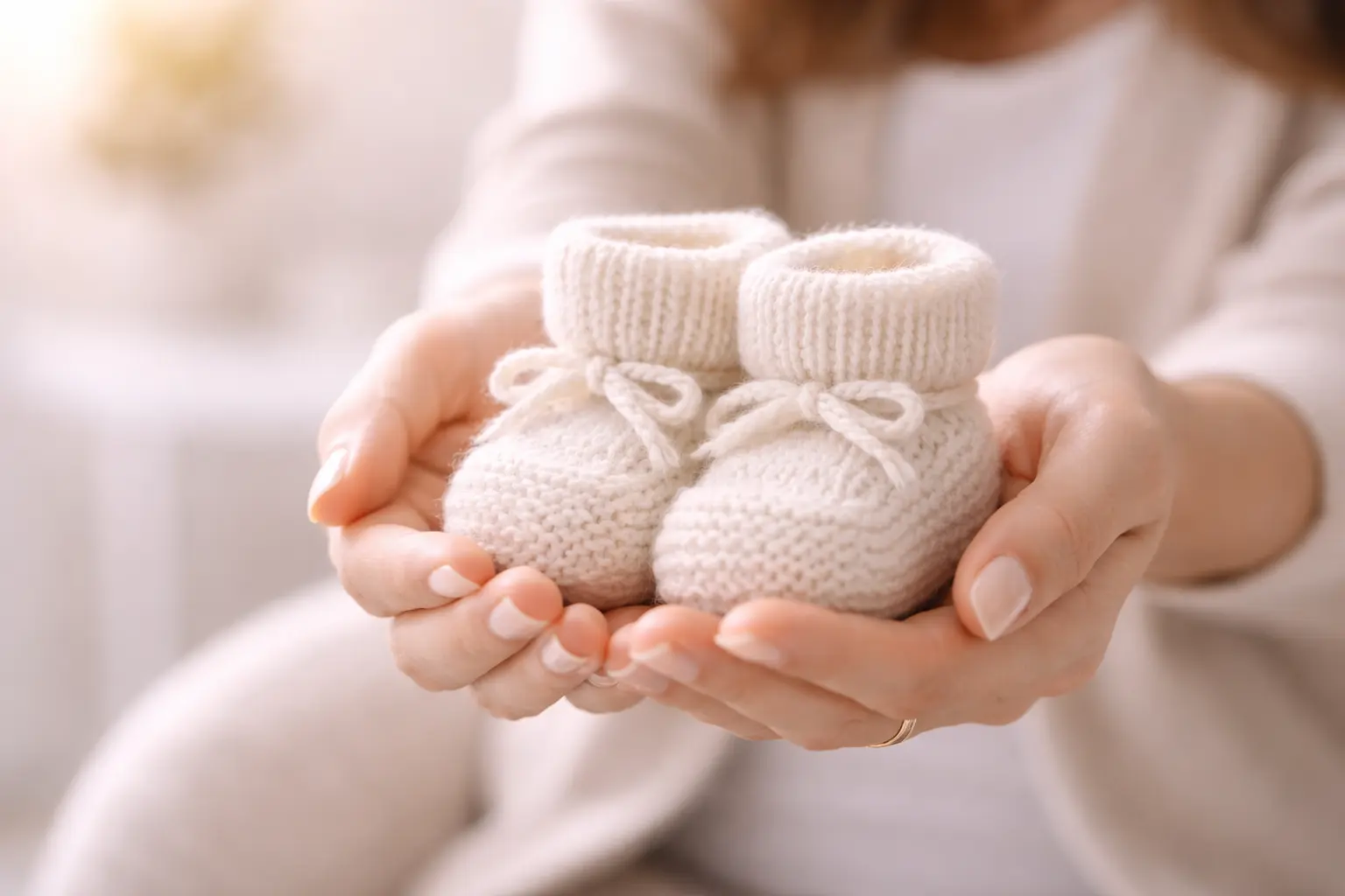 Close-up of a woman’s hands gently holding a tiny pair of white knitted baby booties, representing hope and the fertility journey