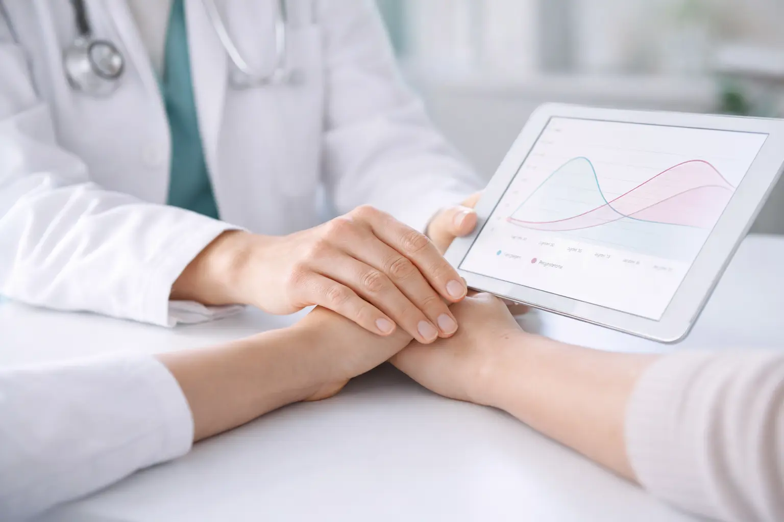 Specialist gynaecologist reviewing blood test results during a consultation for absent periods
