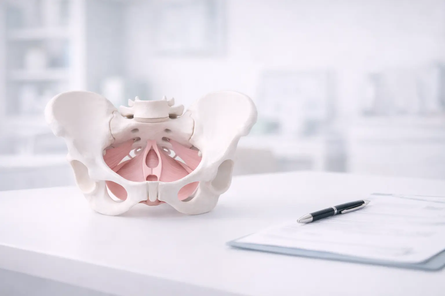 A modern female pelvic anatomy model sitting on a doctor's desk in a private clinic, used for explaining dyspareunia