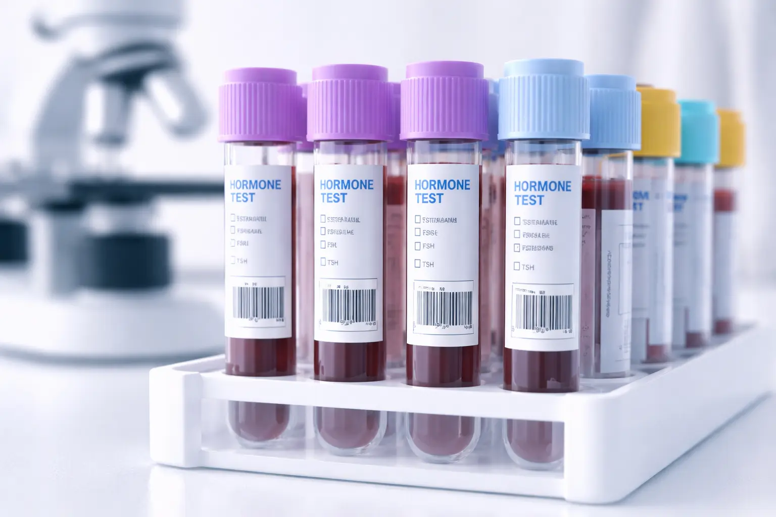A neat layout of medical blood test vials labeled for hormone analysis in a clean clinical setting
