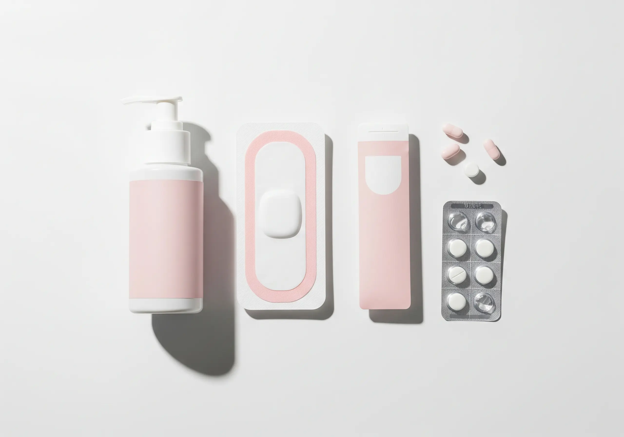 A clean medical flat-lay showing HRT treatment options, including estrogel, patches, and pills