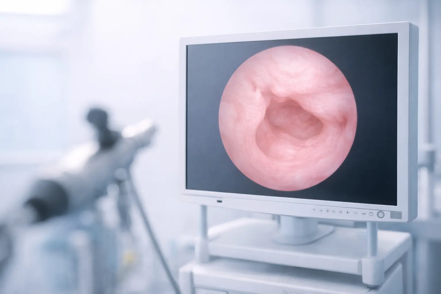 A medical monitor screen in a gynaecology clinic displaying a clear view of the uterine cavity during a hysteroscopy