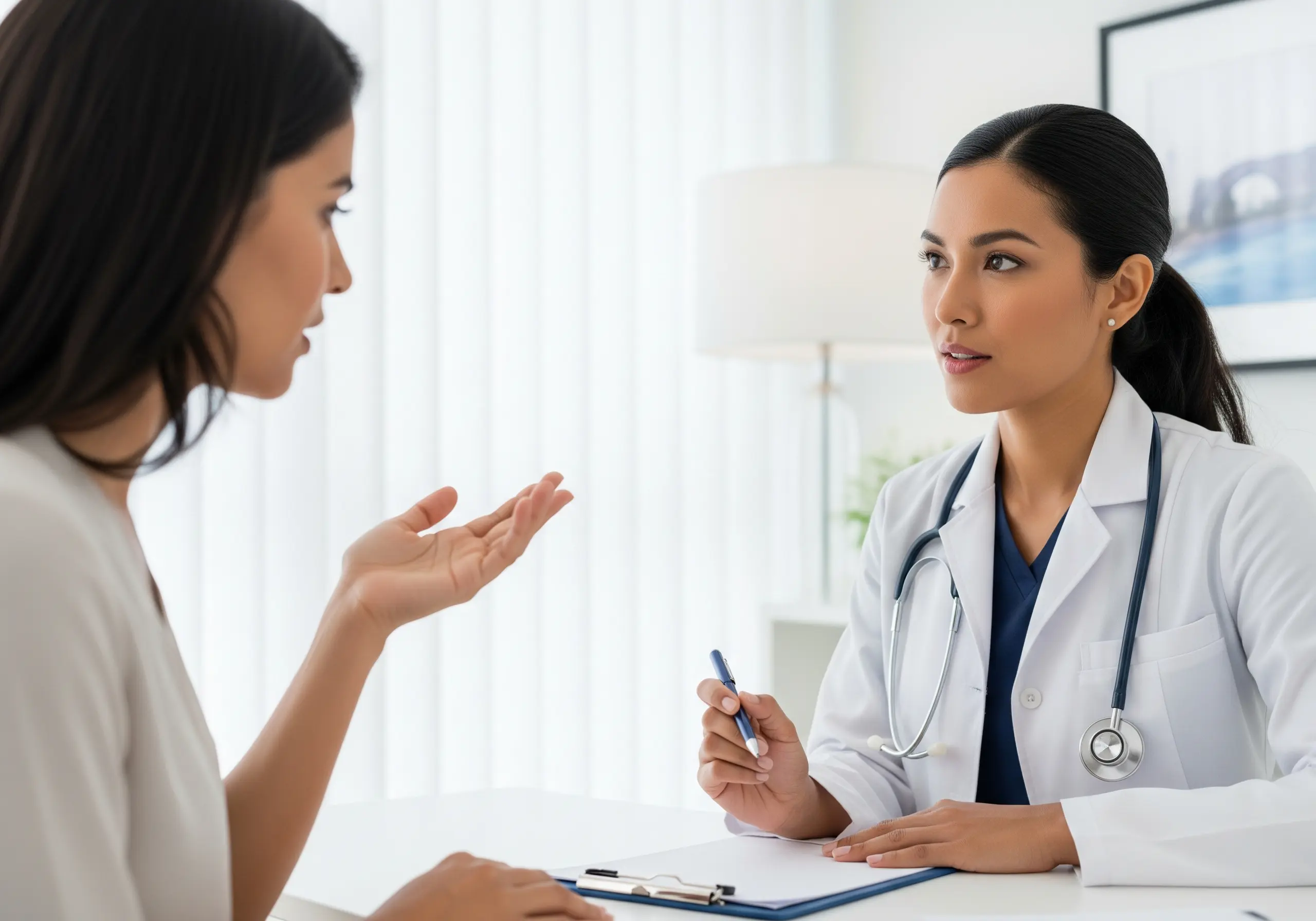 Specialist gynaecologist carefully listening to a patient's medical history regarding irregular periods in a private clinic