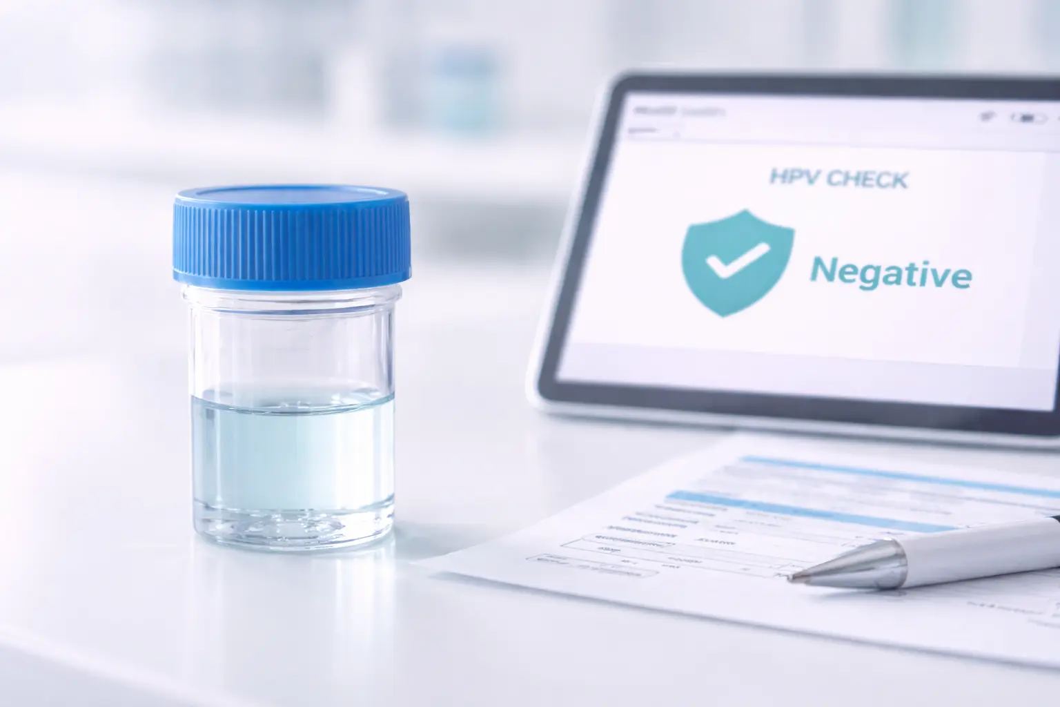  A sterile liquid-based cytology sample vial labeled for HPV testing sitting on a laboratory desk