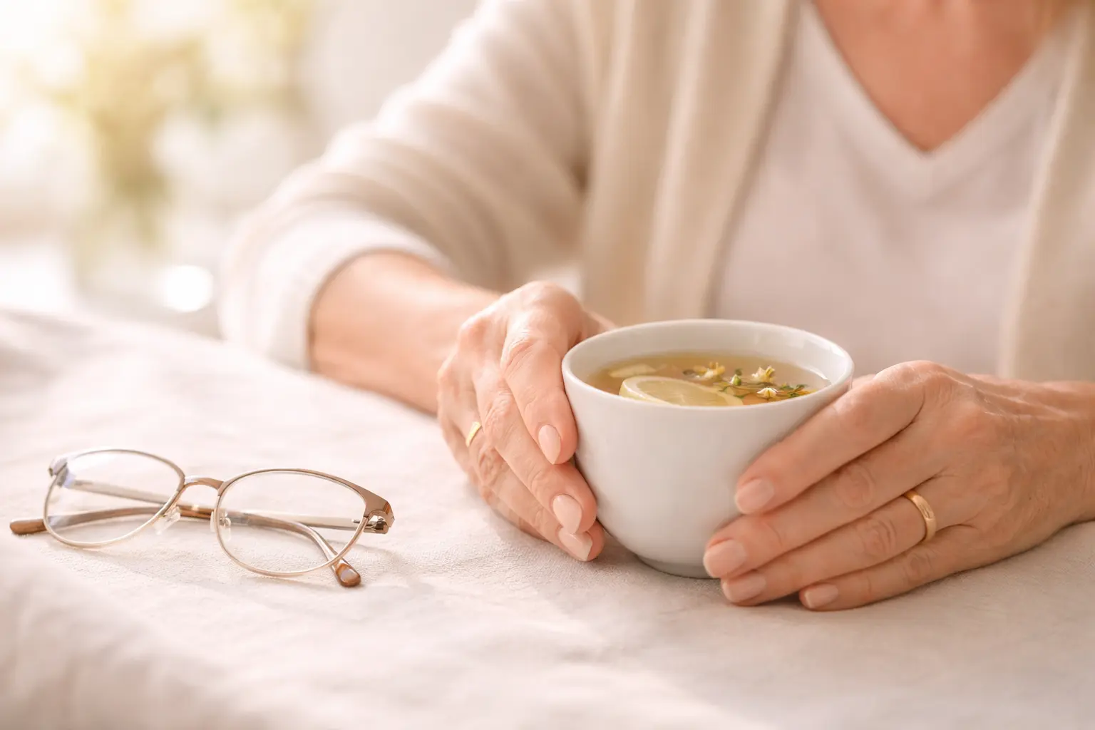 Close-up of a mature woman’s hands resting on a table or holding a cup of tea, representing postmenopausal health and reflection