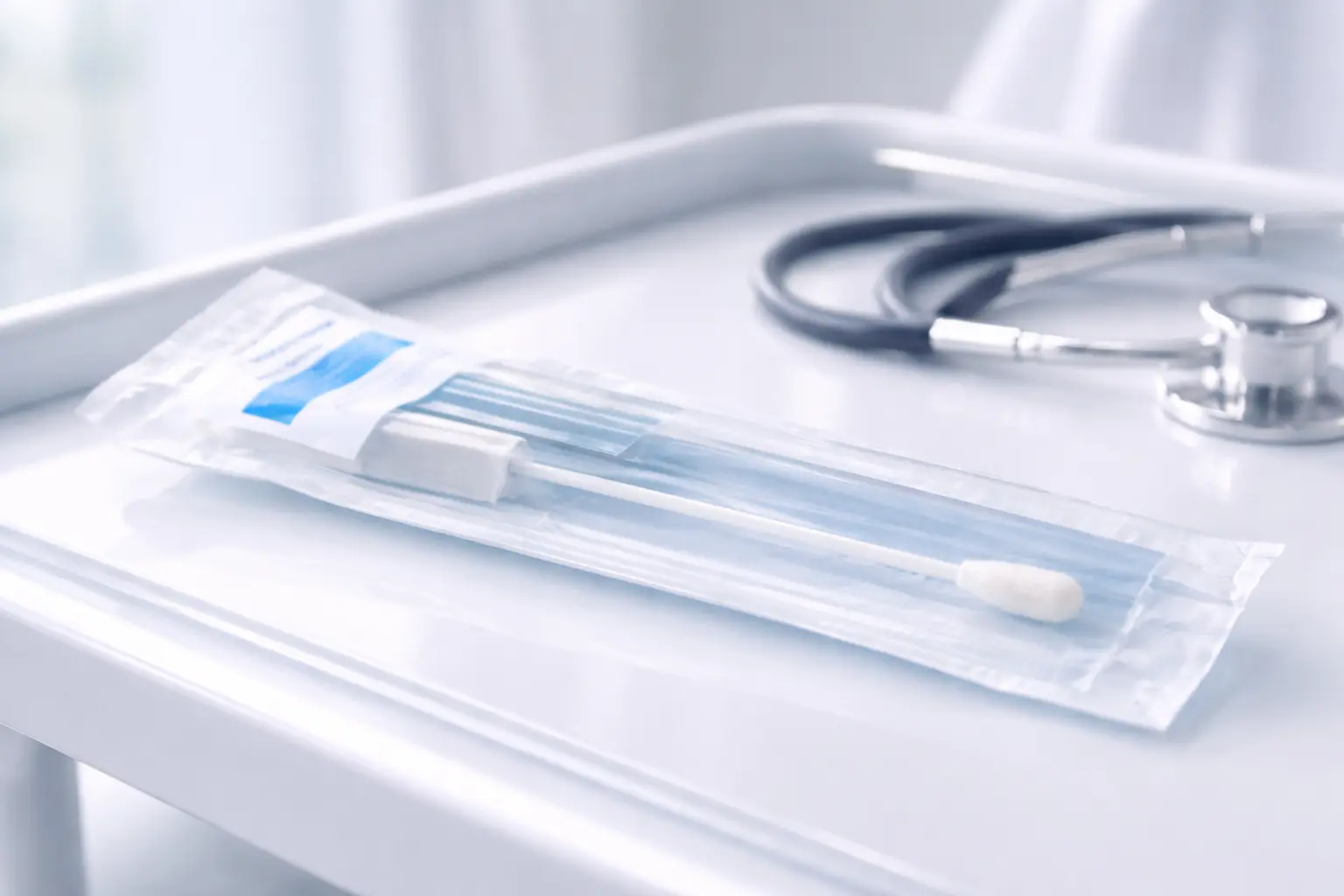 A sterile medical swab test kit sitting on a clean clinical surface, used for diagnosing pelvic infections