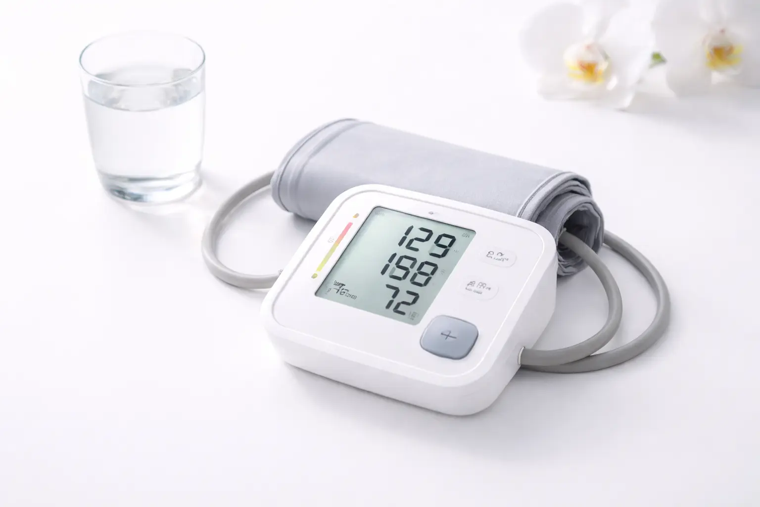 A modern digital blood pressure monitor on a clean table, representing cardiovascular health checks during menopause consultation