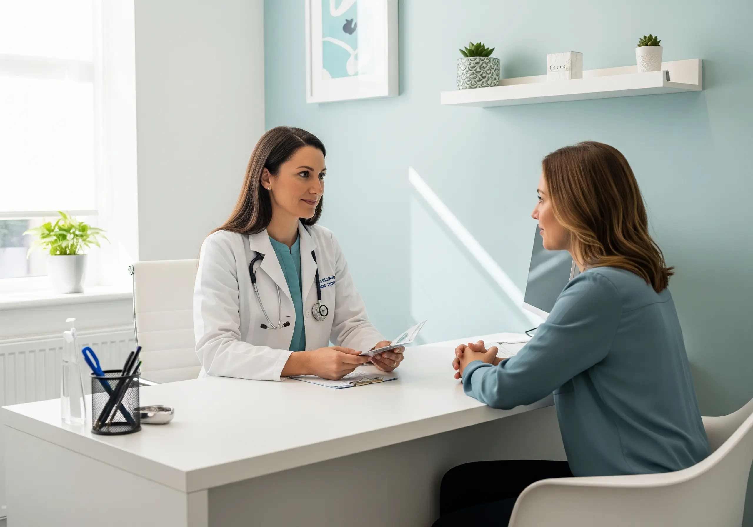 Specialist doctor discussing treatment options for heavy menstrual bleeding with a patient in a consultation room