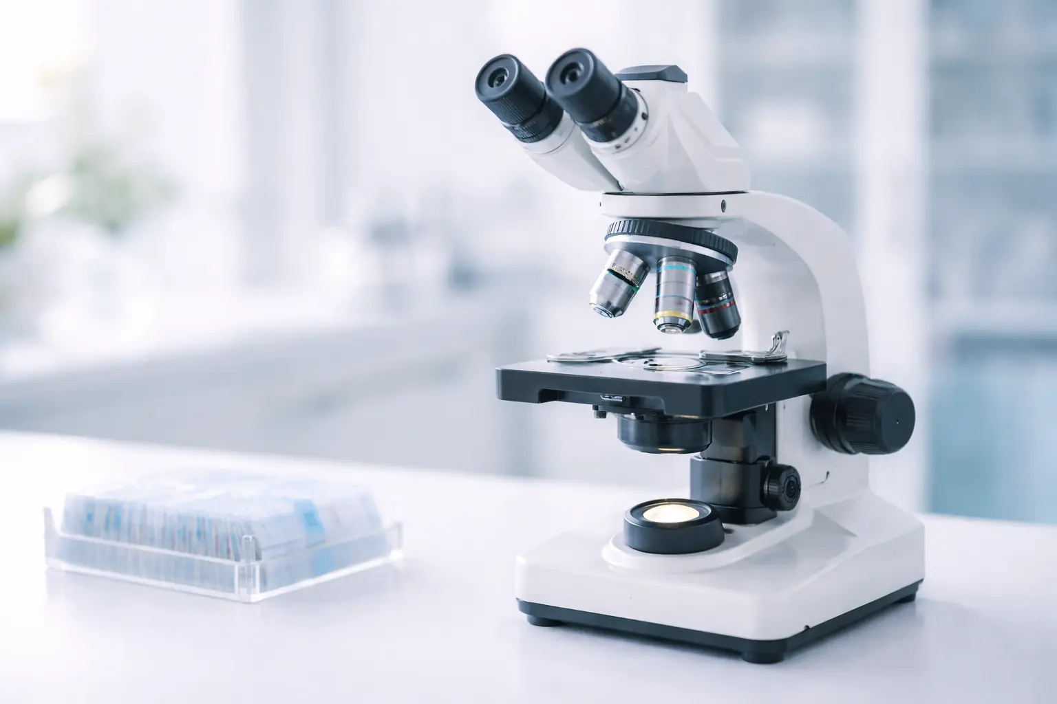 A modern white medical microscope in a clean laboratory setting, representing the analysis of endometrial cells
