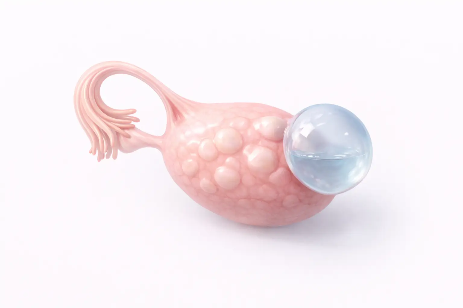 3D medical illustration showing a female ovary with a benign fluid-filled cyst attached