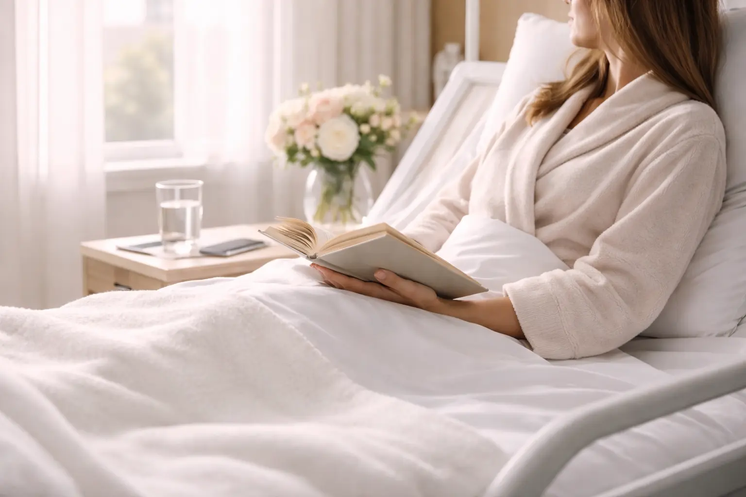A woman resting comfortably in a premium private hospital bed, reading a book during recovery from surgery