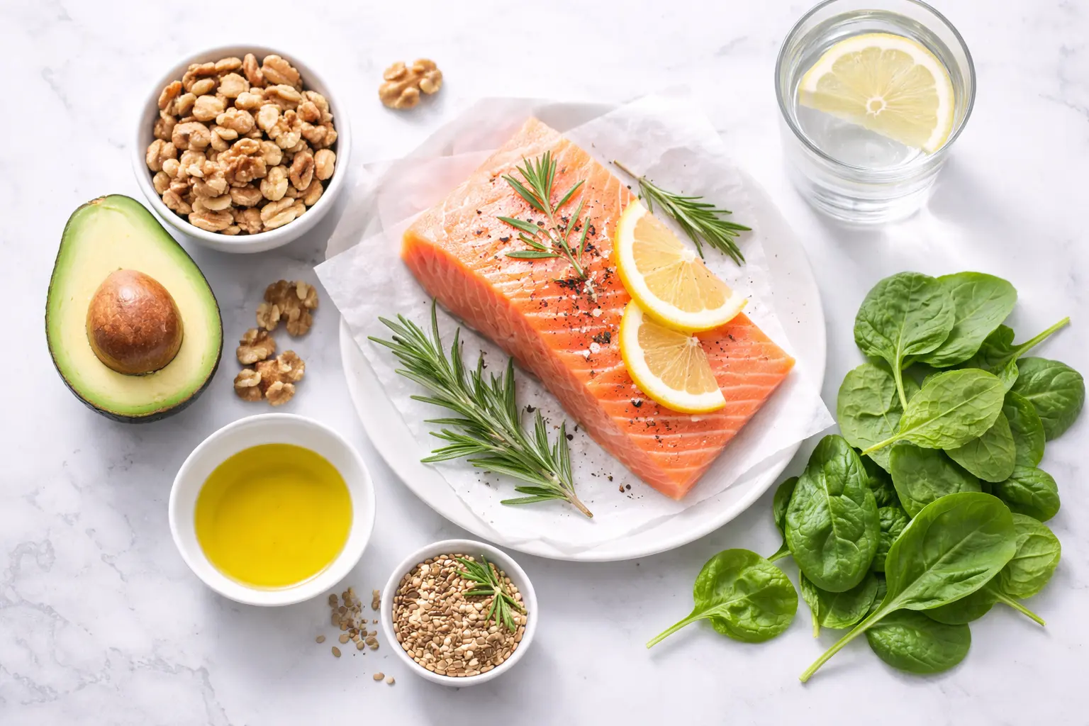 A healthy food flat-lay featuring ingredients beneficial for PCOS management like avocados, nuts, and leafy greens