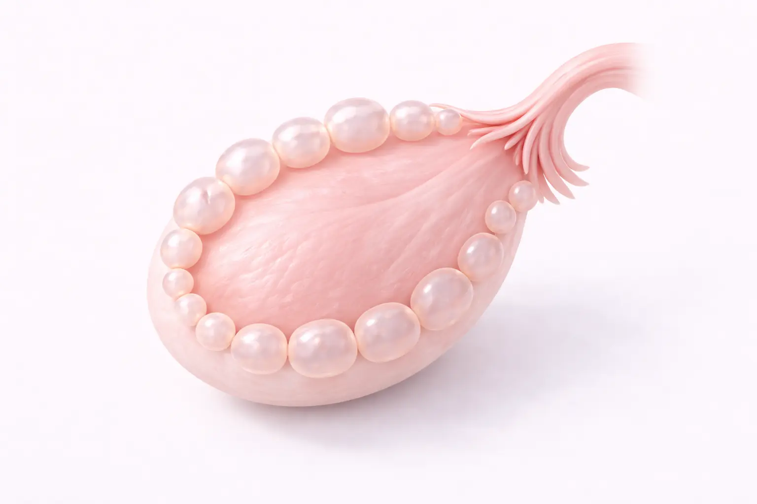 3D medical illustration comparing a healthy ovary with a polycystic ovary showing multiple immature follicles (cysts)