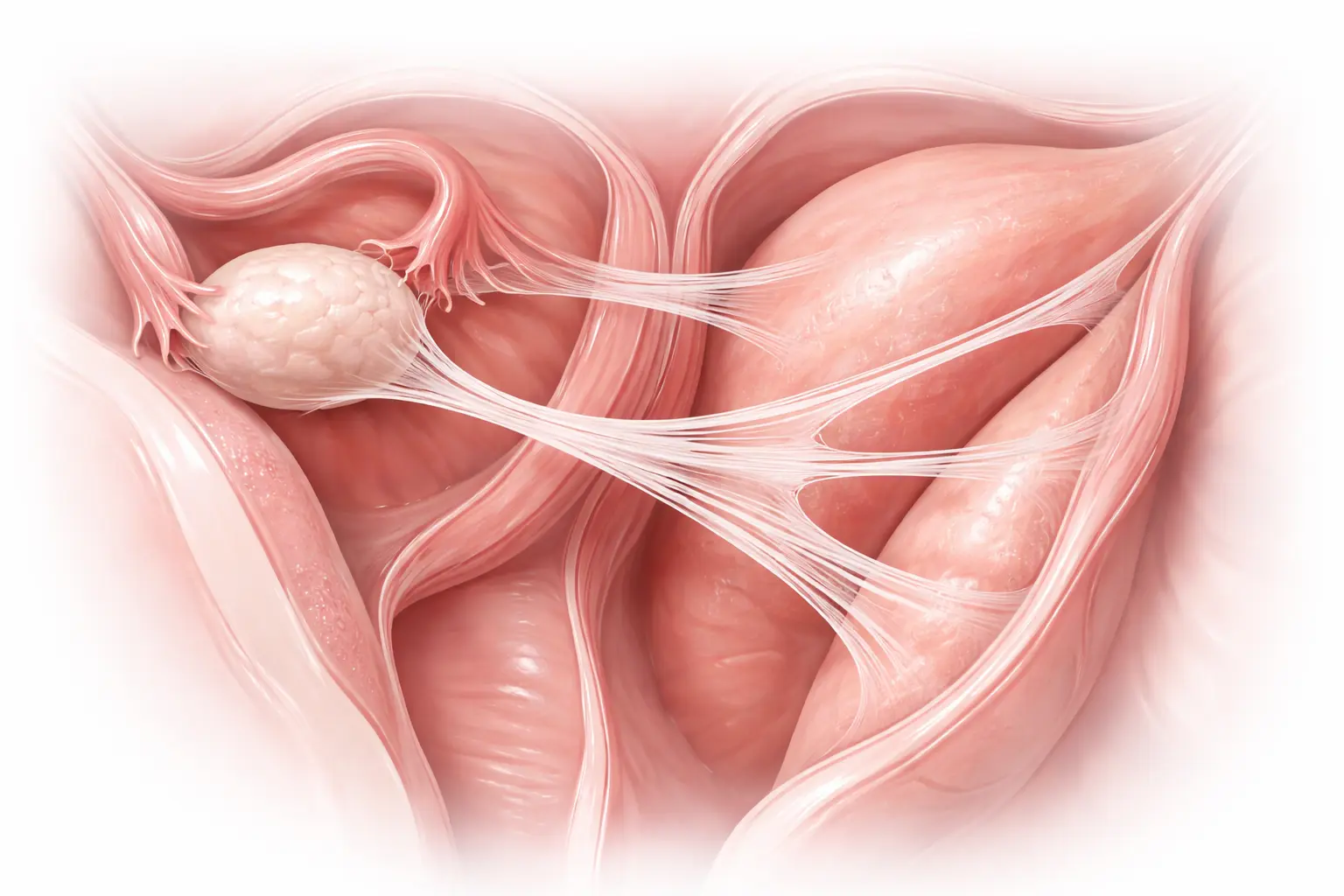 Medical illustration showing fibrous bands of scar tissue known as adhesions connecting pelvic organs.