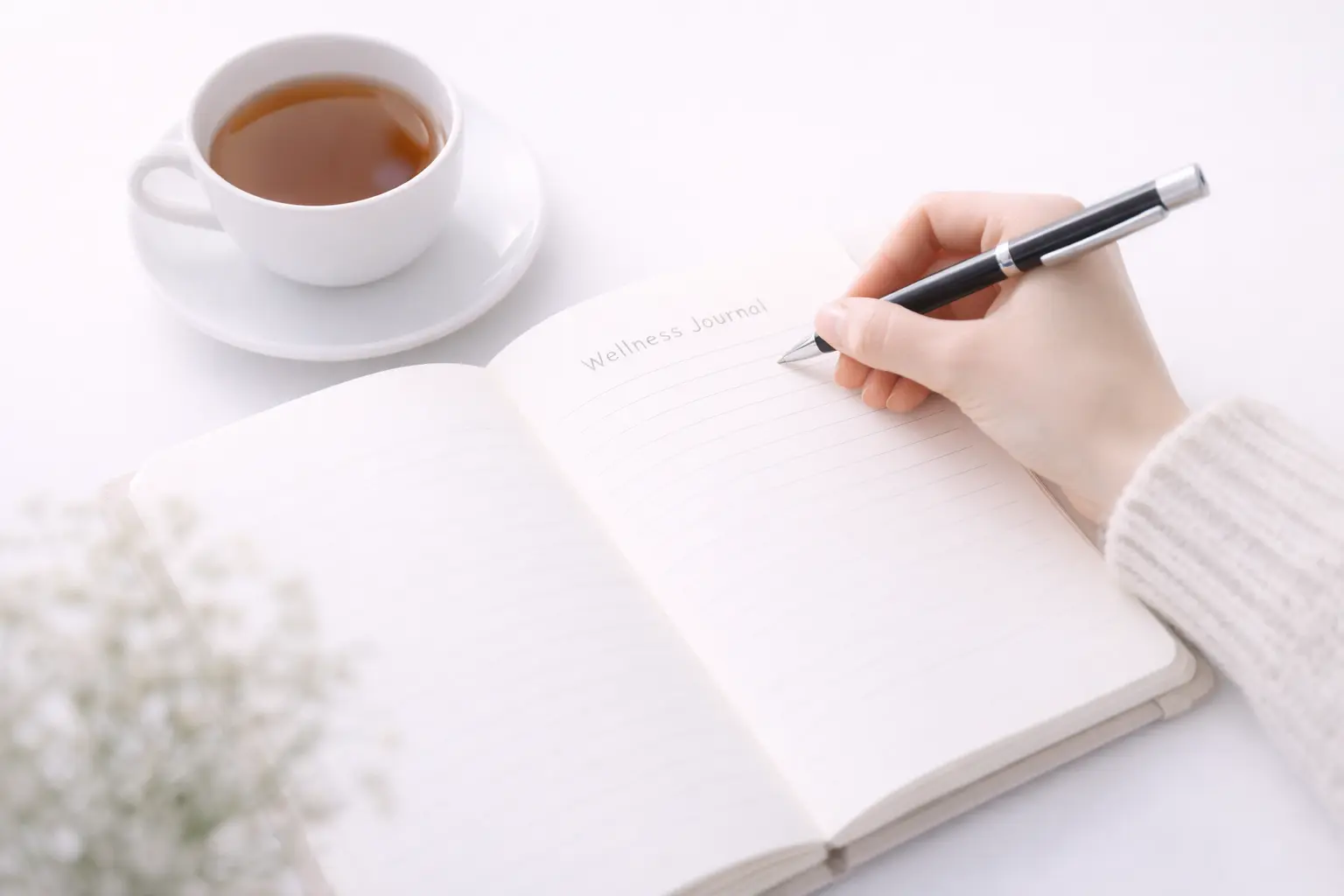  A woman writing in a wellness journal or pain diary to track pelvic pain symptoms before a medical consultation