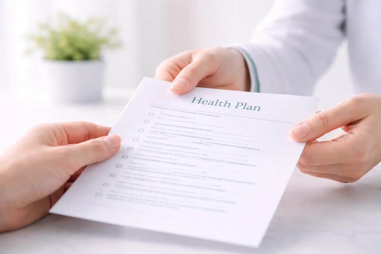 Close-up of a specialist's hands holding a clinical aftercare guide for a patient recovering from polyp removal
