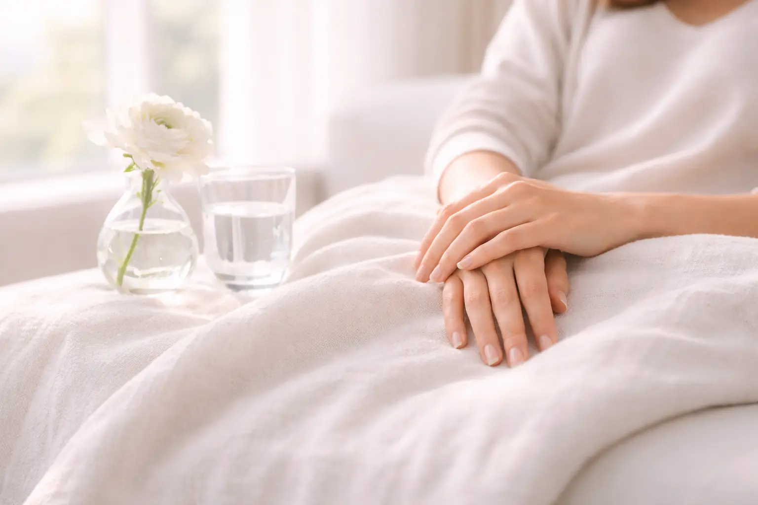 A woman resting peacefully in a bright, modern room, symbolizing a life free from chronic endometriosis pain