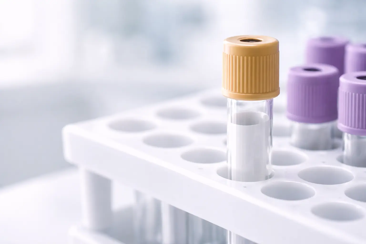 A close-up of a sterile blood test vial in a medical rack, used for comprehensive sexual health screening