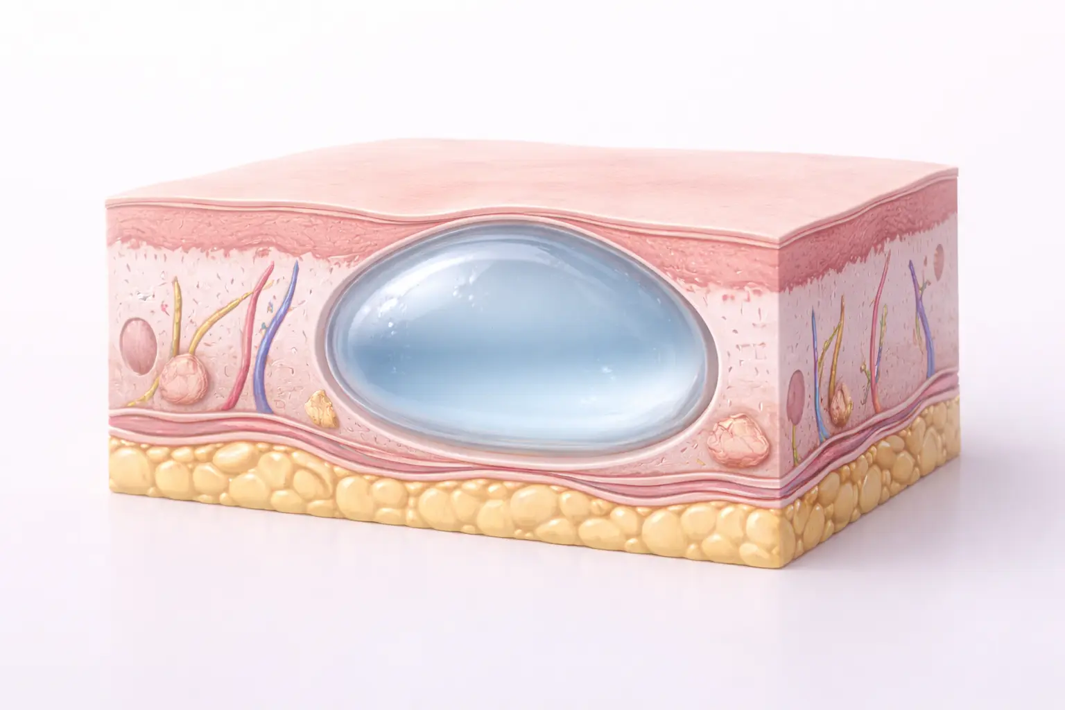3D medical illustration showing a cross-section of skin with a benign fluid-filled cyst underneath