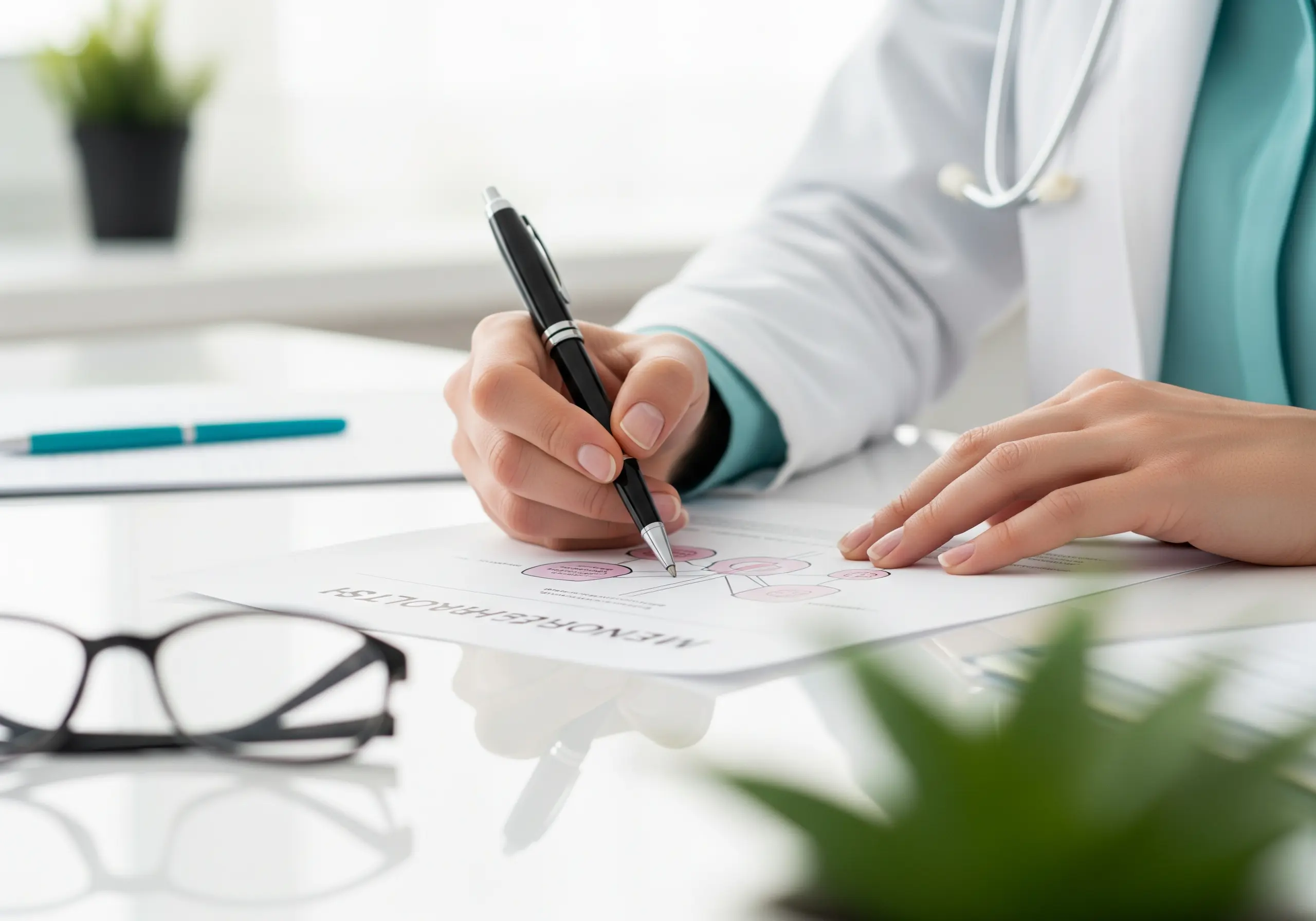 Private gynaecologist reassuring a female patient during a consultation regarding missed periods and hormonal health