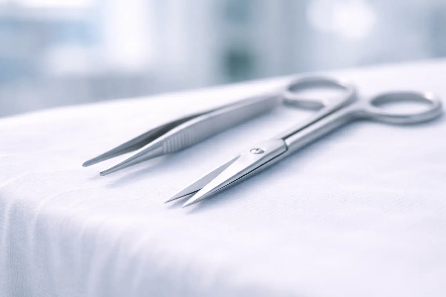 Close-up of fine stainless steel surgical instruments used for delicate tissue excision in a sterile clinic
