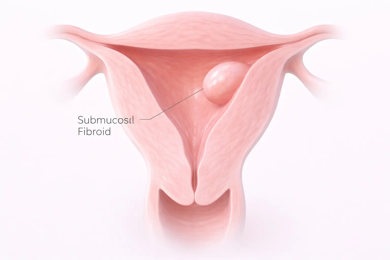3D medical illustration showing a fibroid located inside the uterine cavity, suitable for hysteroscopic removal