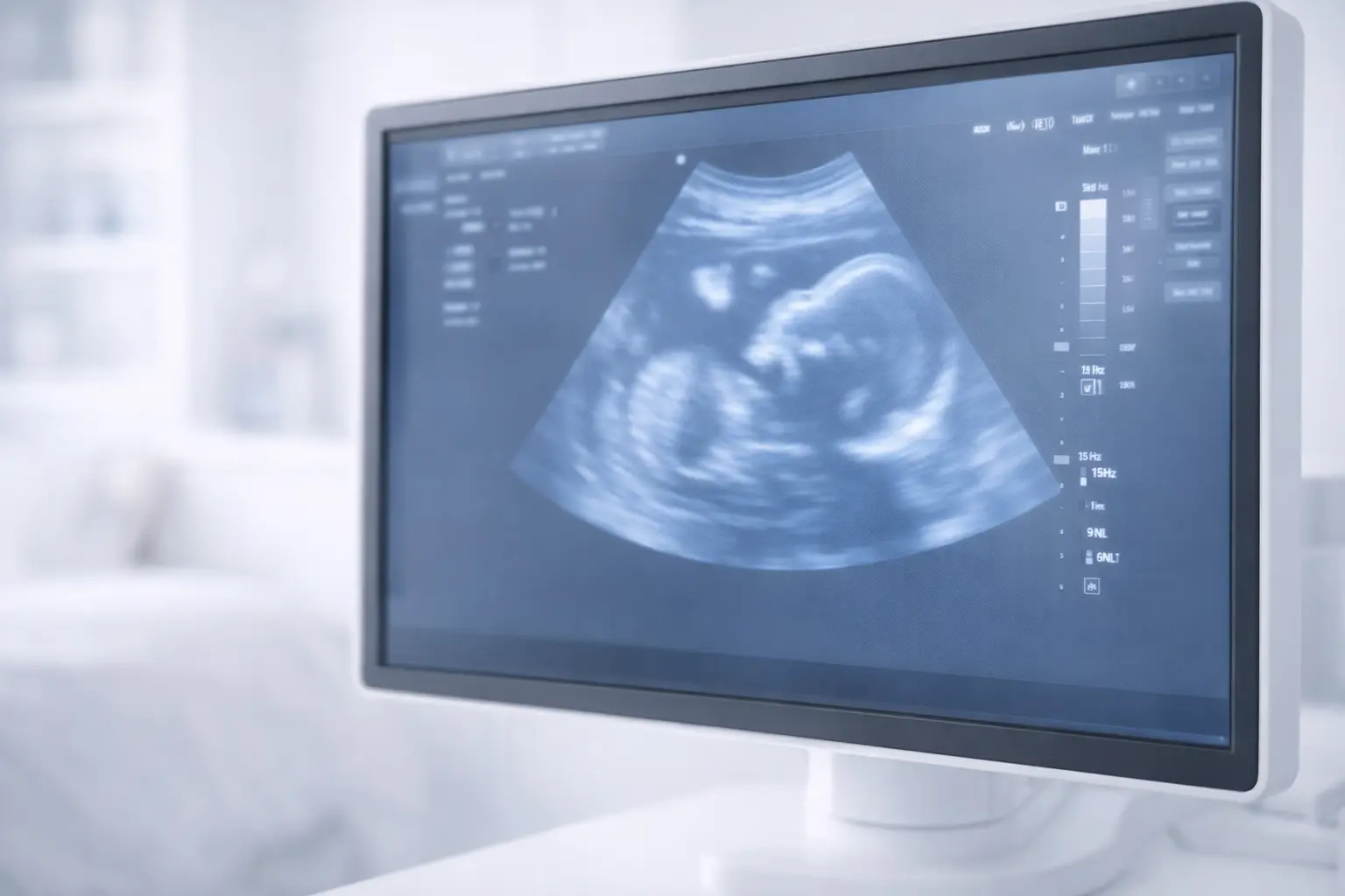 A modern medical ultrasound monitor screen displaying a pelvic scan in a clean clinic setting