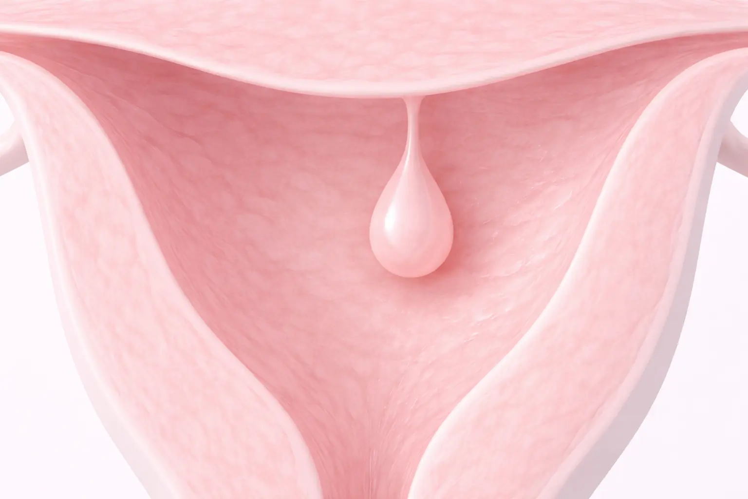 3D medical illustration of a small, soft tissue polyp attached to the lining of the uterus by a thin stalk