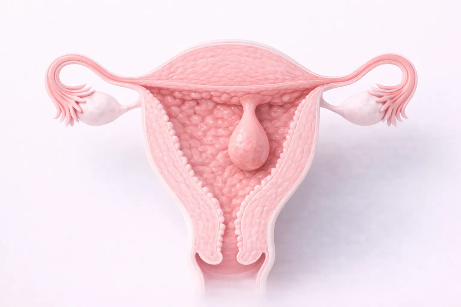 3D medical illustration showing a soft endometrial polyp inside the uterus cavity