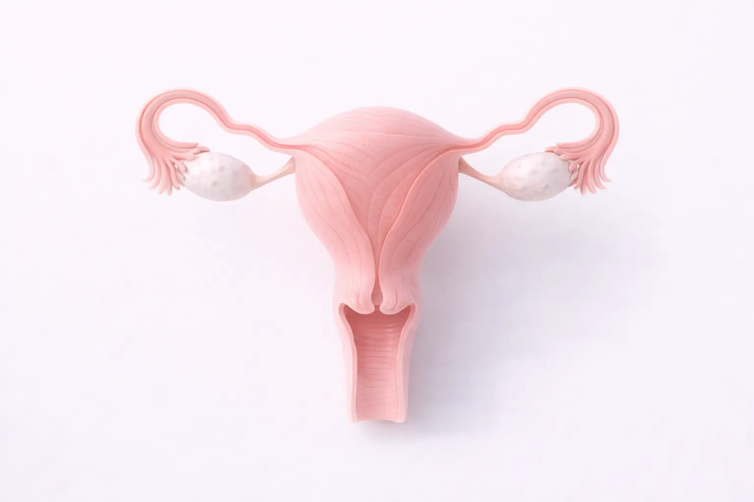 3D medical illustration showing the muscular walls of the female uterus to explain menstrual cramping mechanisms