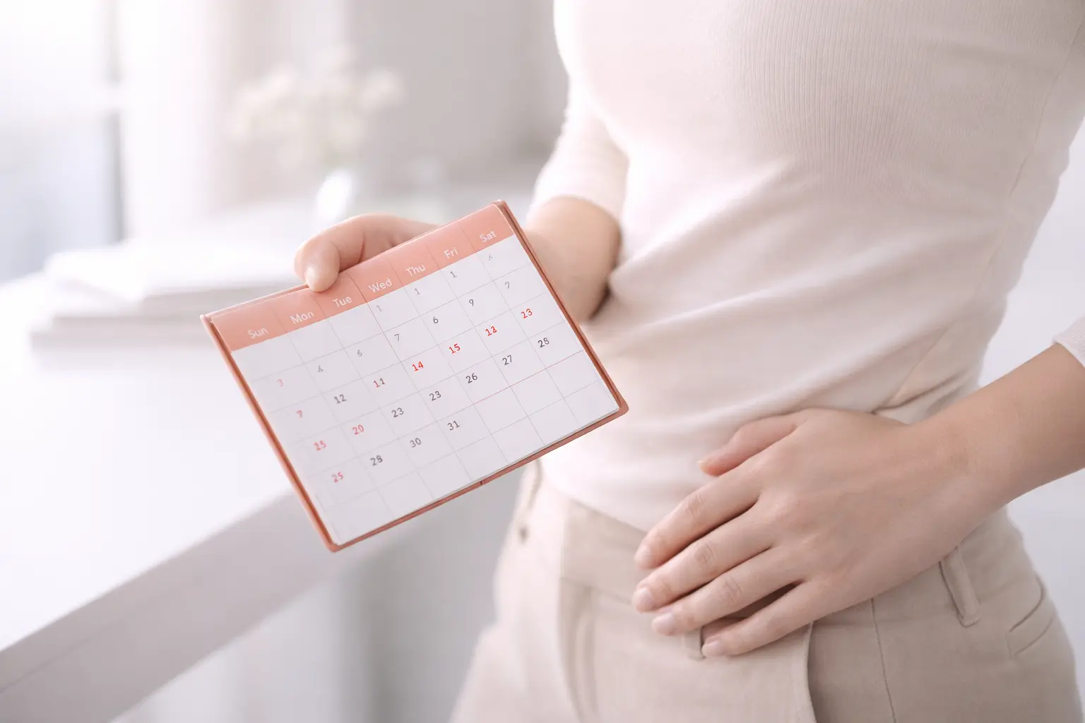 A woman holding a calendar, looking thoughtful about spotting dates or irregular bleeding caused by polyps