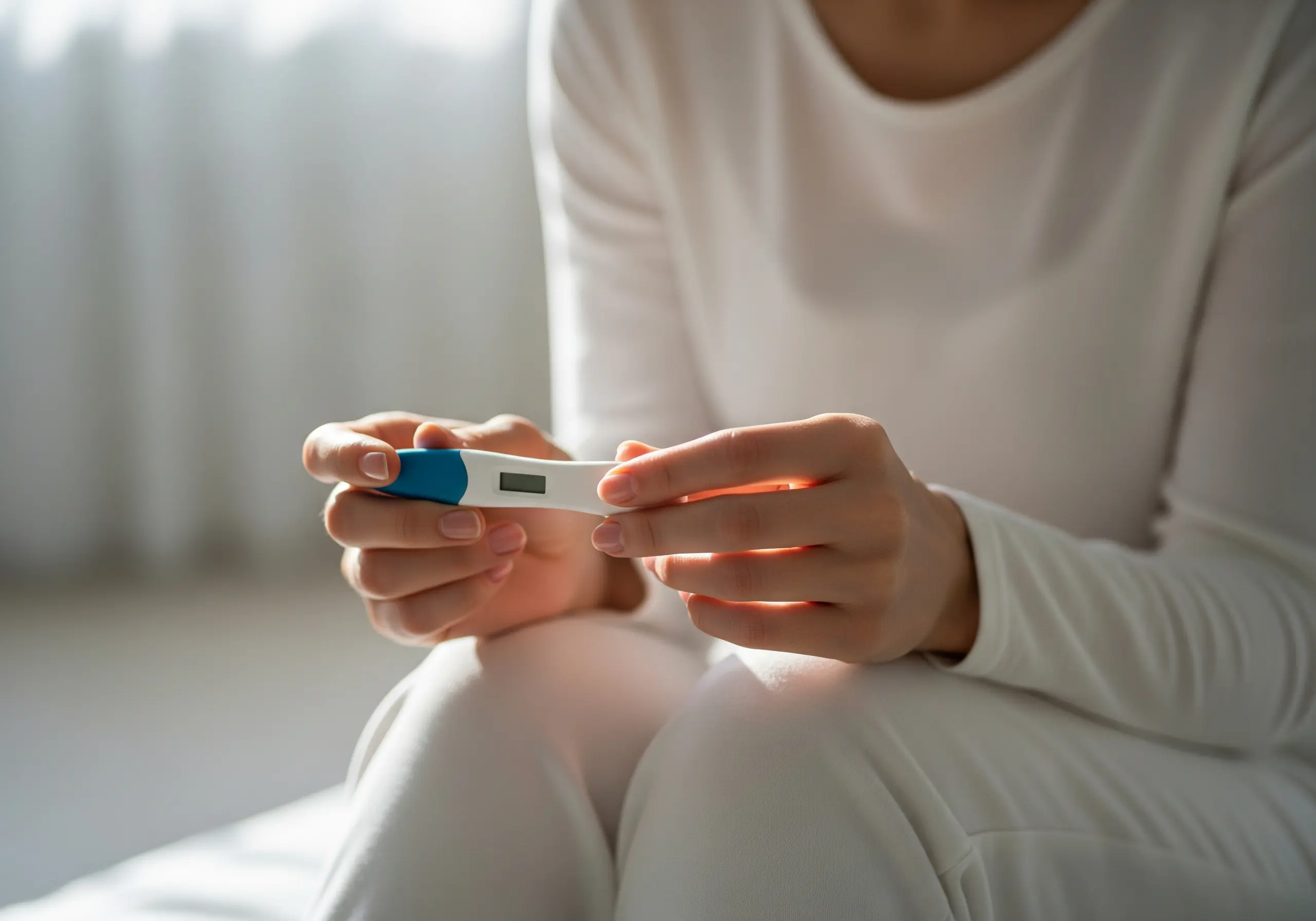 Close-up of a woman’s hands holding a pregnancy test in a sunlit room, representing the first step in checking a late period