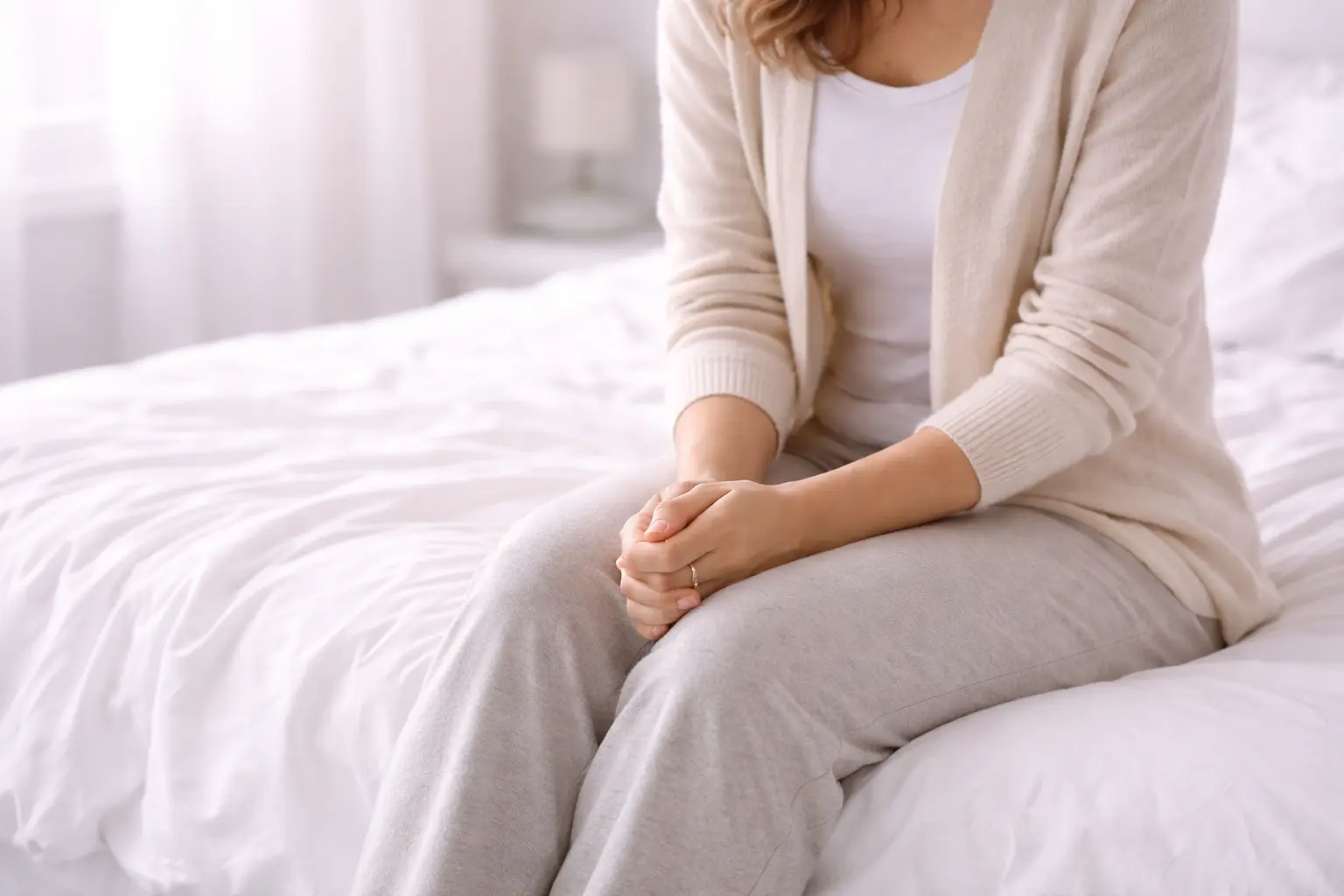 A woman sitting on the edge of a bed in a bright room, looking reflective and concerned about health symptoms