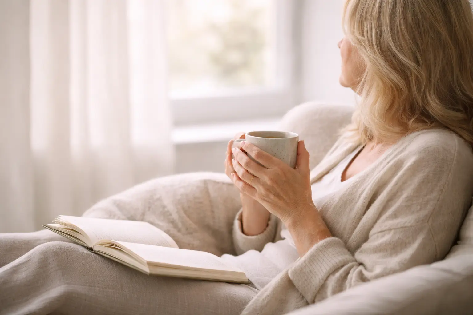 A woman relaxing with a book and tea in a cozy setting, managing symptoms of PMS fatigue and brain fog