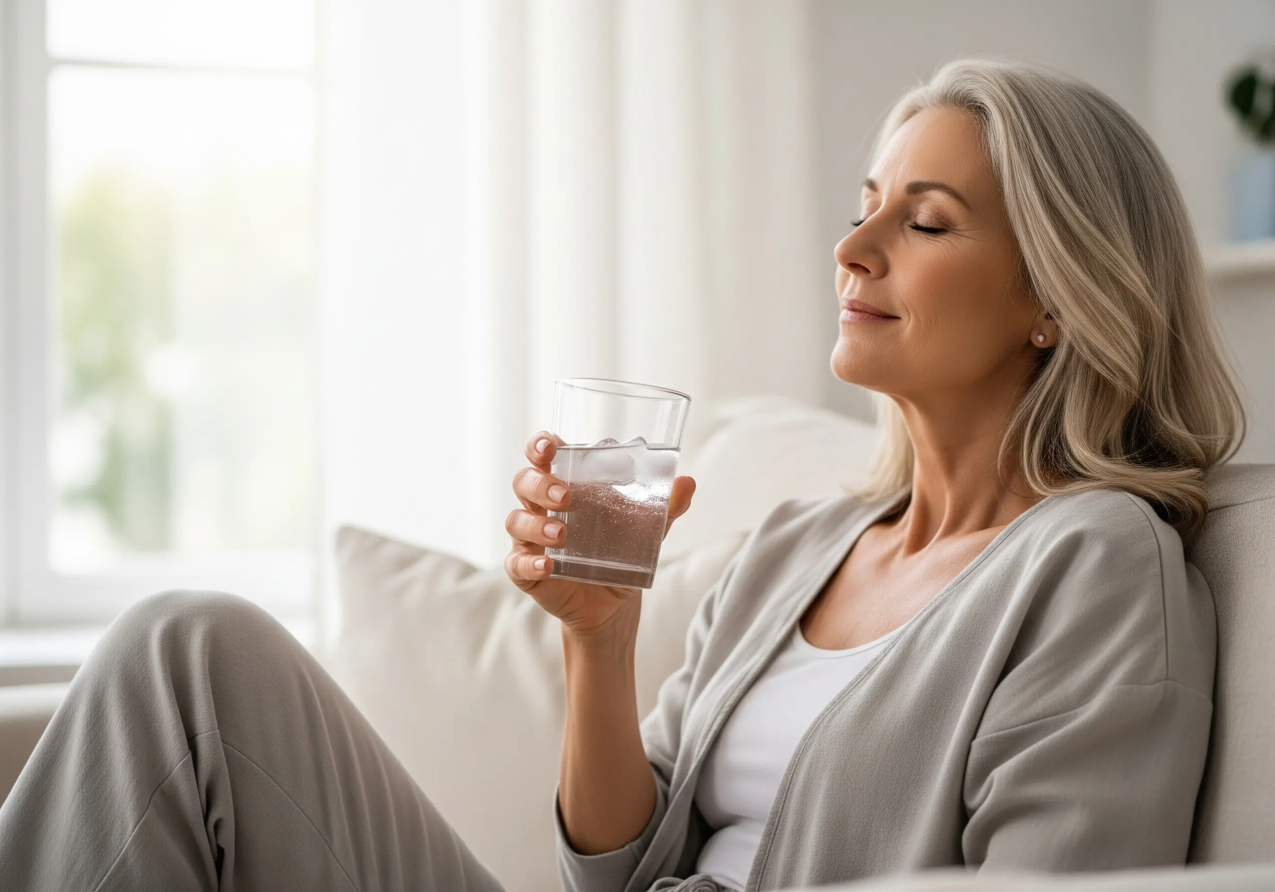 A woman relaxing by a window with a cool glass of water, representing relief from menopause symptoms
