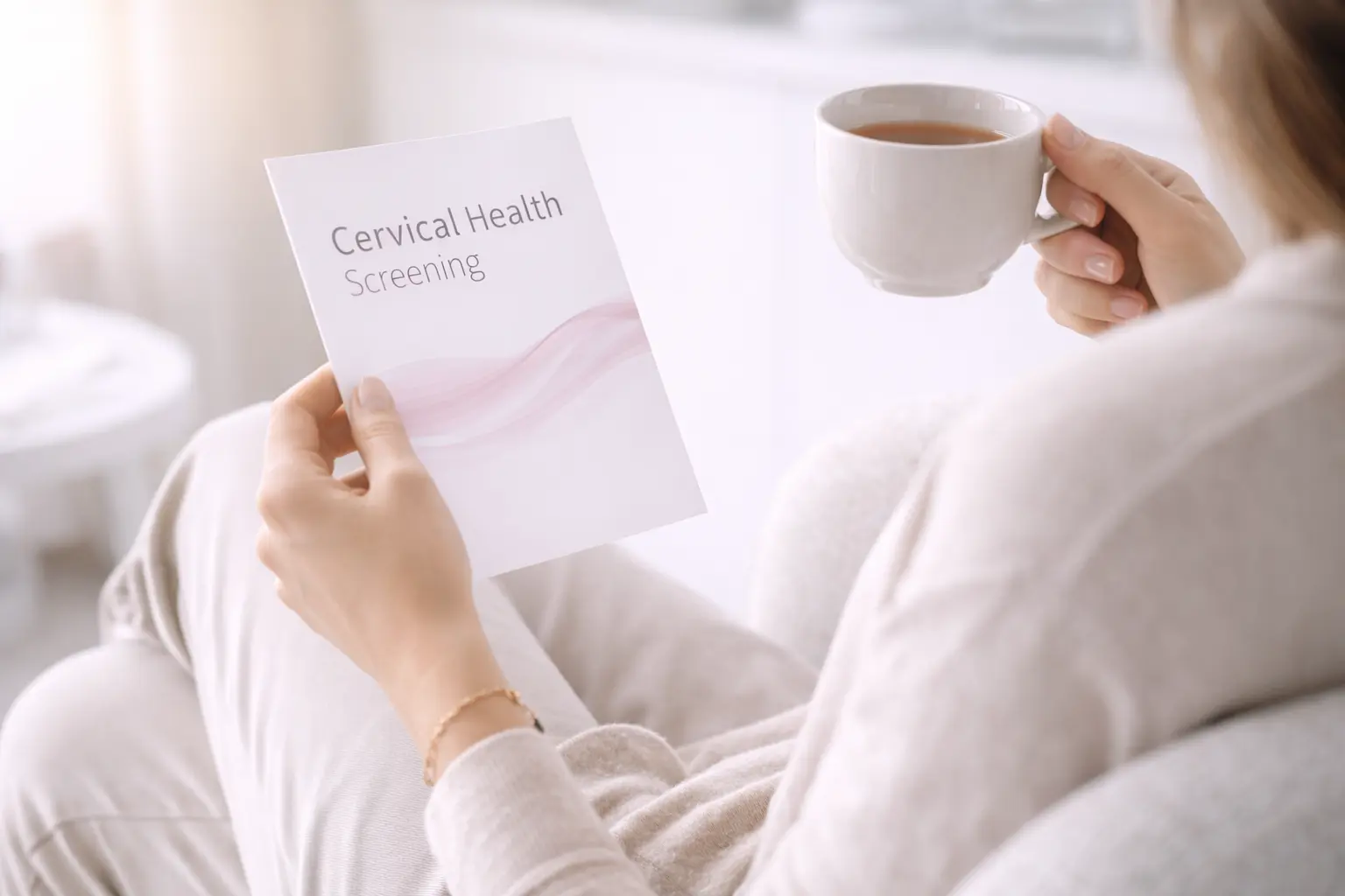 A woman holding a cervical screening invitation letter or health brochure, prioritizing her preventative health
