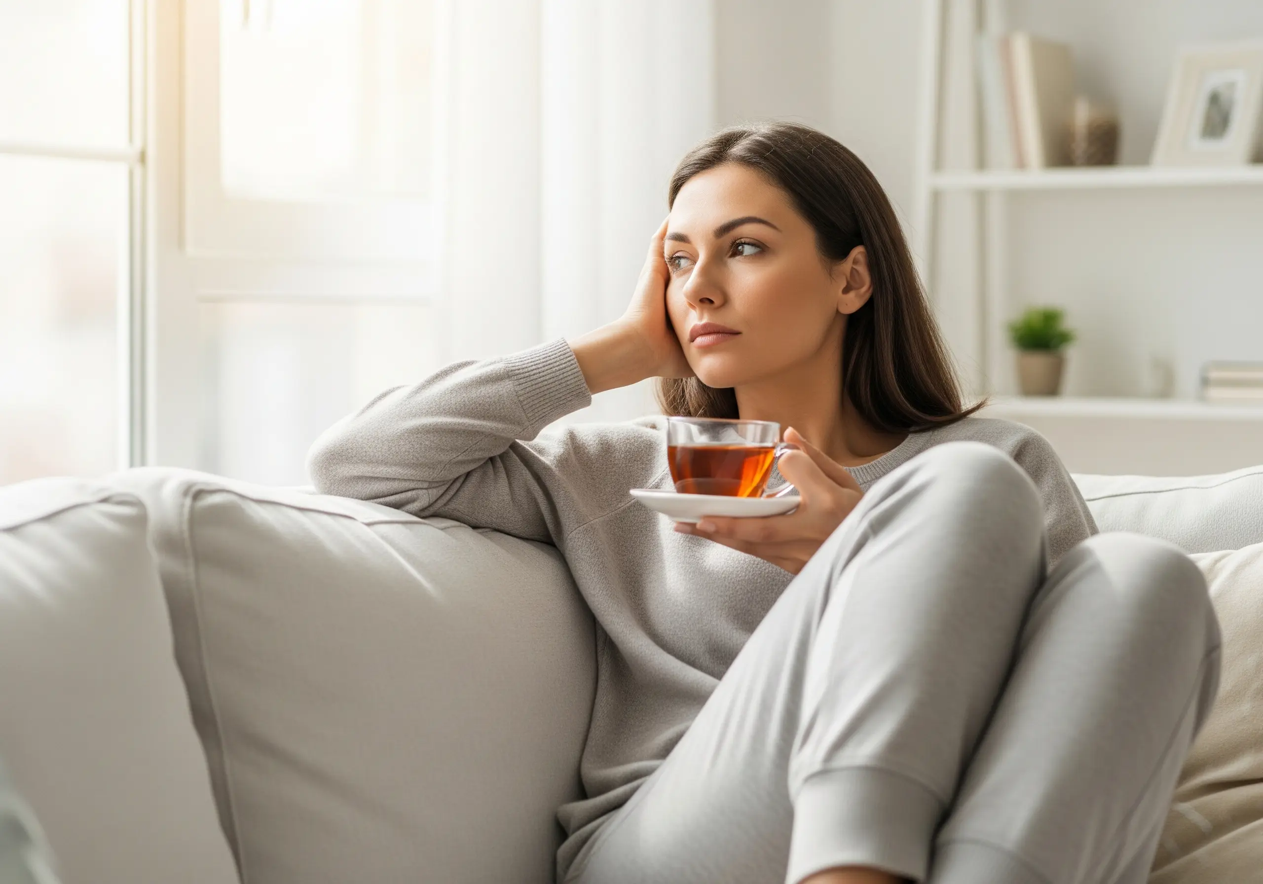 A woman feeling fatigued and low energy due to heavy periods, resting comfortably on a sofa