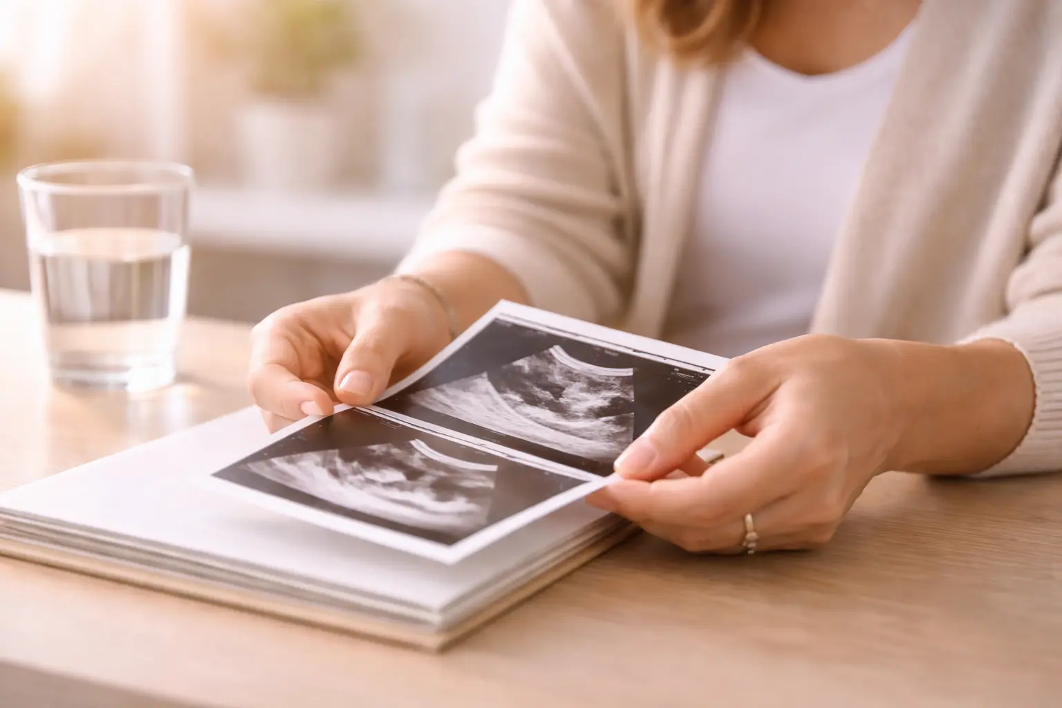 A woman holding a medical folder or ultrasound scan photos in a sunlit room, seeking answers for fertility issues