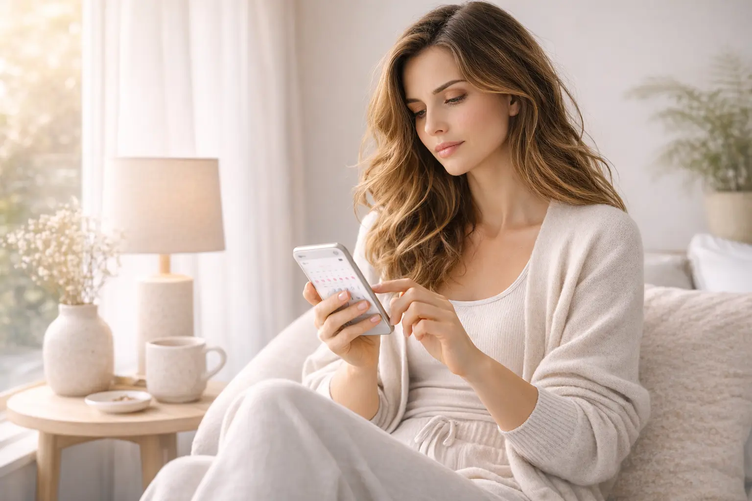 Woman looking concerned while checking her menstrual cycle tracker on a phone due to a missed period.