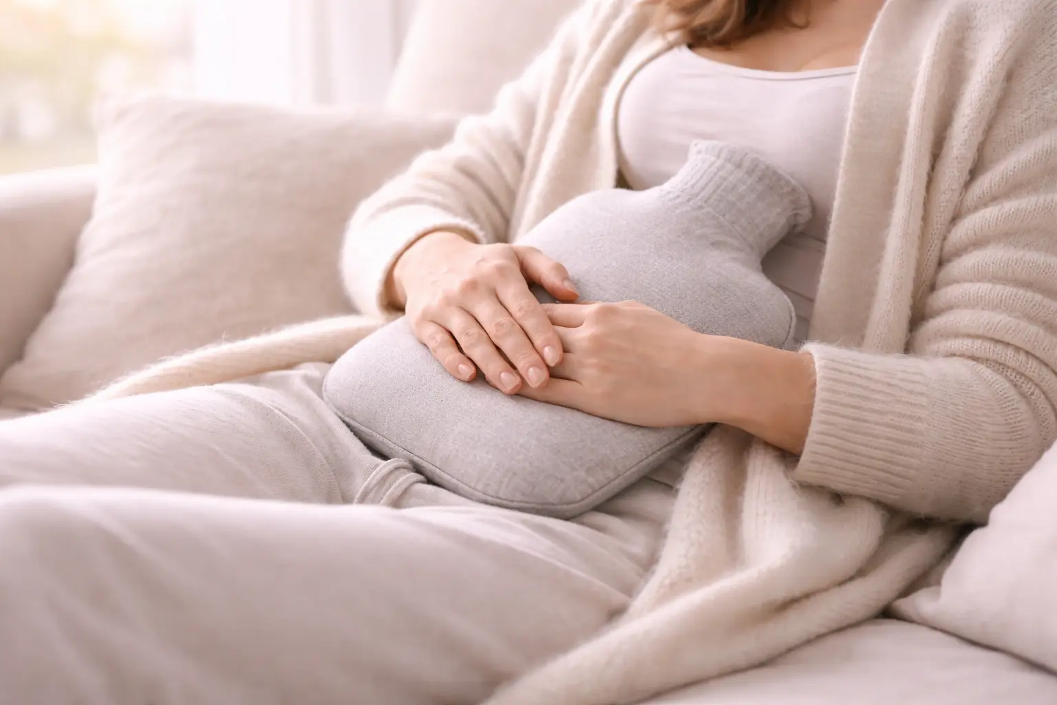 A woman resting comfortably on a sofa holding a hot water bottle to her abdomen to relieve menstrual cramps