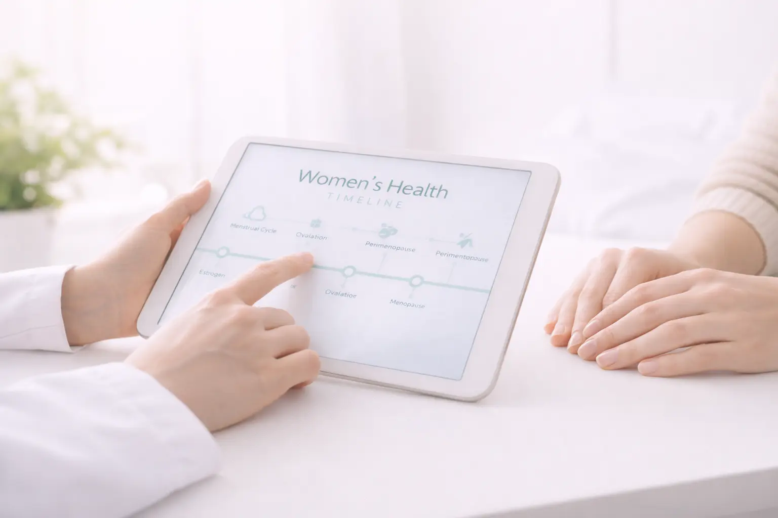 Close-up of a gynaecology specialist's hands discussing a personalized treatment and pain management plan with a patient